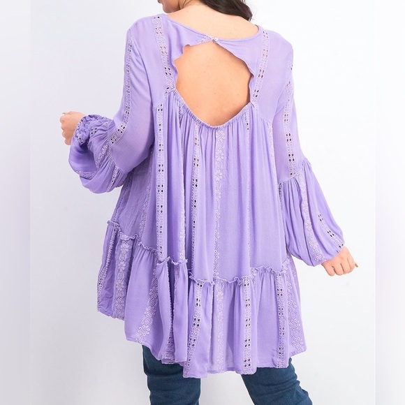 Free People Kiss Kiss Embroidered Purple Amethyst Eyelet Tunic Dress Size Medium - Picture 2 of 15